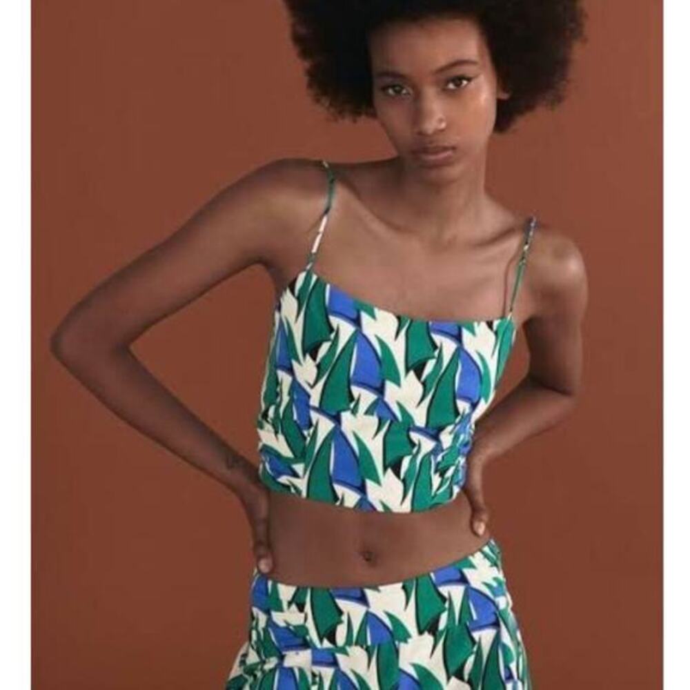 Zara Linen Spaghetti Strap Green/Blue Geometric Crop Top‎ Shirred Back Size M